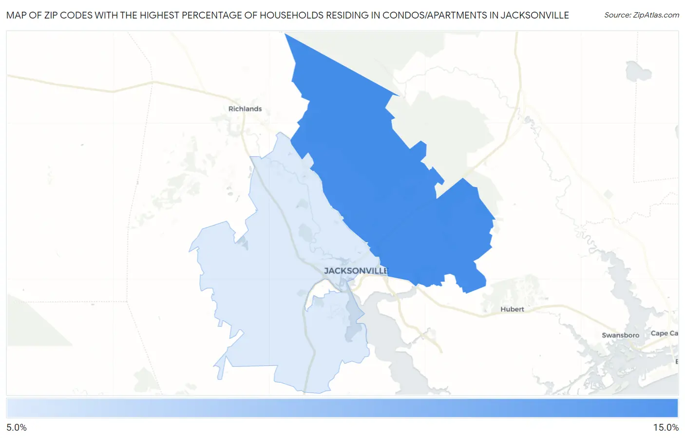 Zip Codes with the Highest Percentage of Households Residing in Condos/Apartments in Jacksonville Map