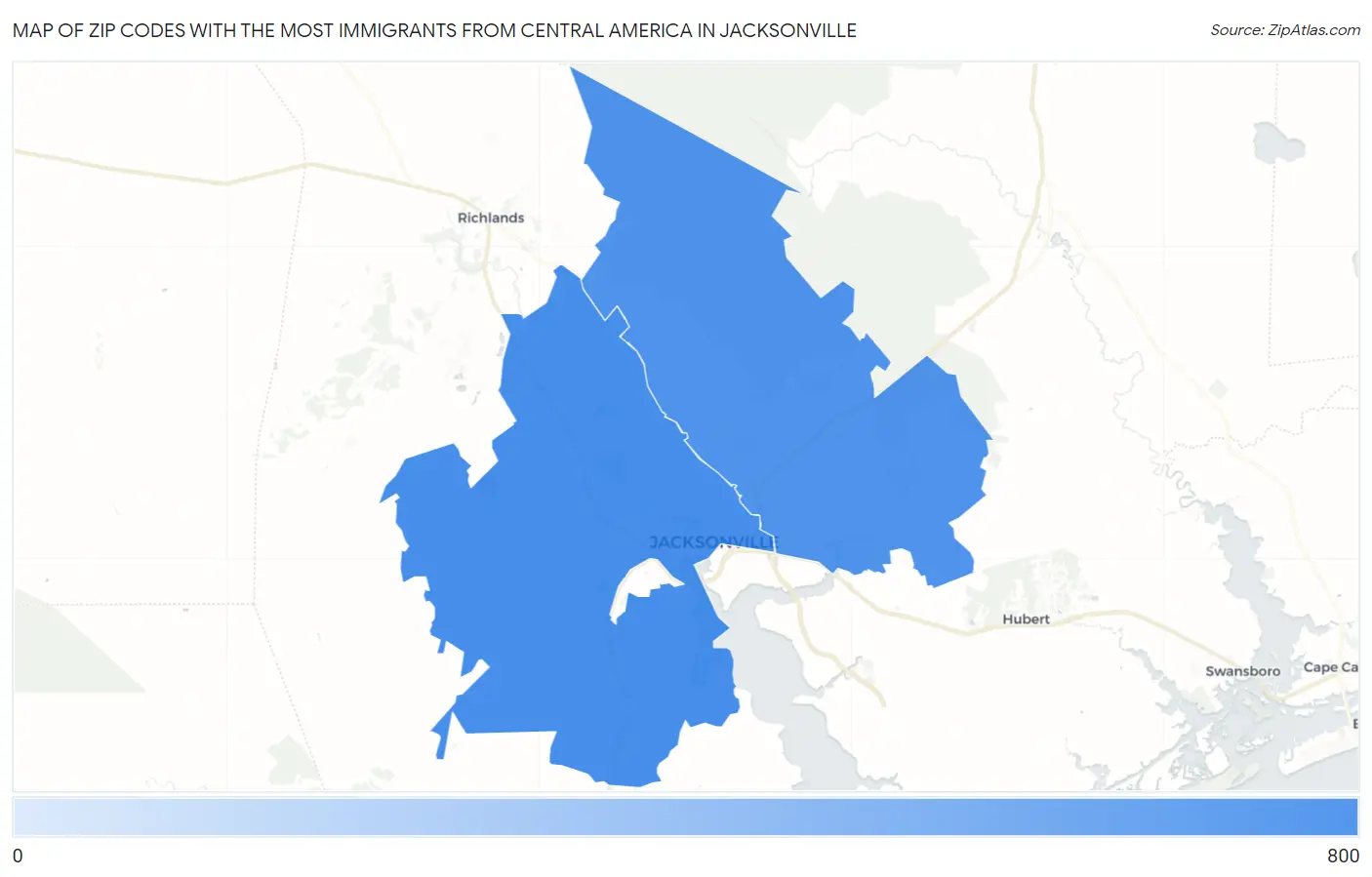 Zip Codes with the Most Immigrants from Central America in Jacksonville Map