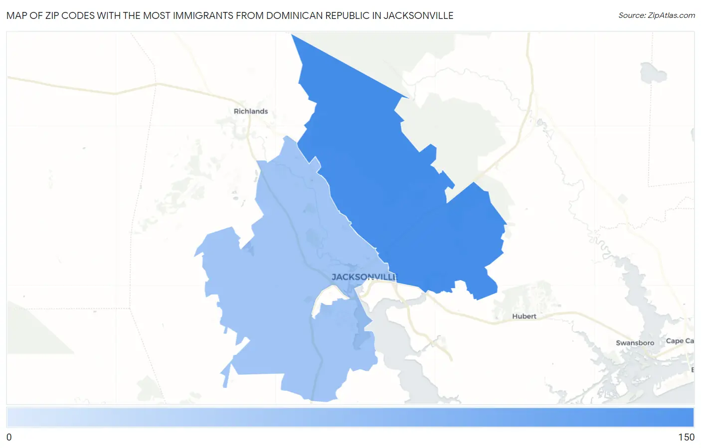Zip Codes with the Most Immigrants from Dominican Republic in Jacksonville Map