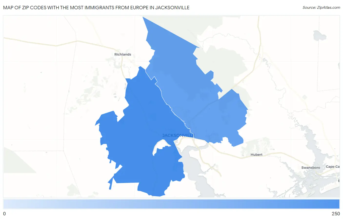 Zip Codes with the Most Immigrants from Europe in Jacksonville Map