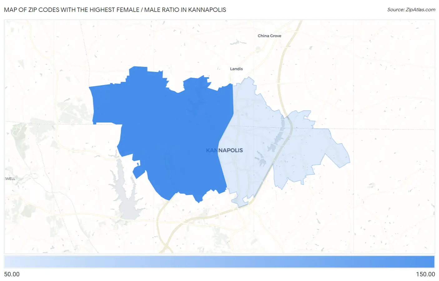 Zip Codes with the Highest Female / Male Ratio in Kannapolis Map