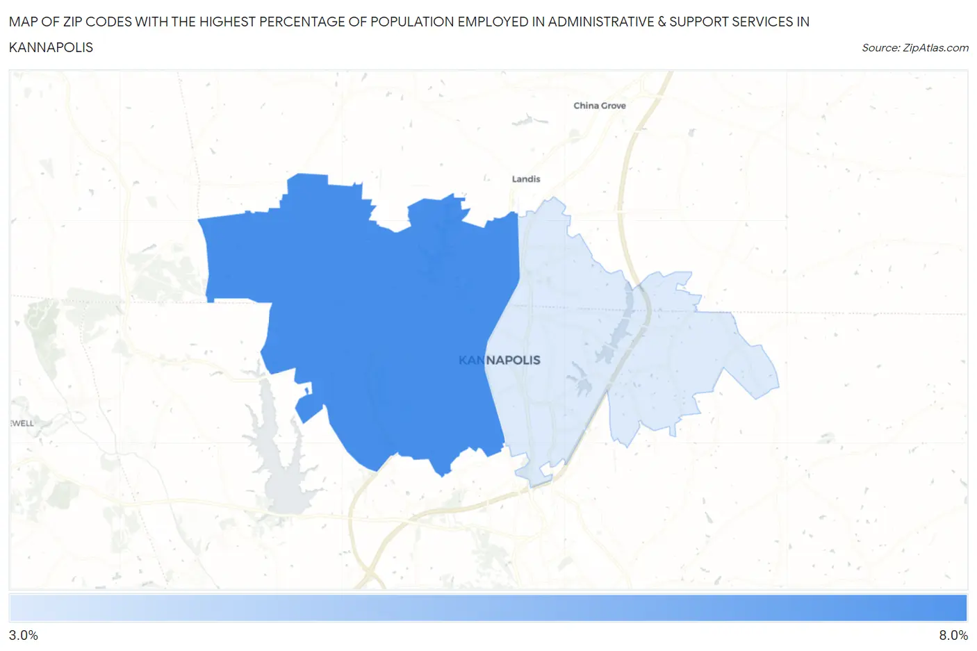 Zip Codes with the Highest Percentage of Population Employed in Administrative & Support Services in Kannapolis Map