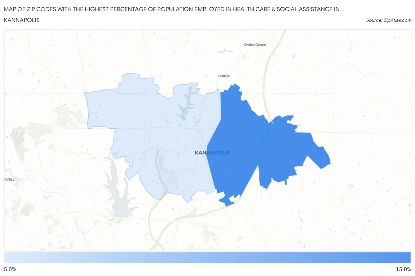 Zip Codes with the Highest Percentage of Population Employed in Health Care & Social Assistance in Kannapolis Map