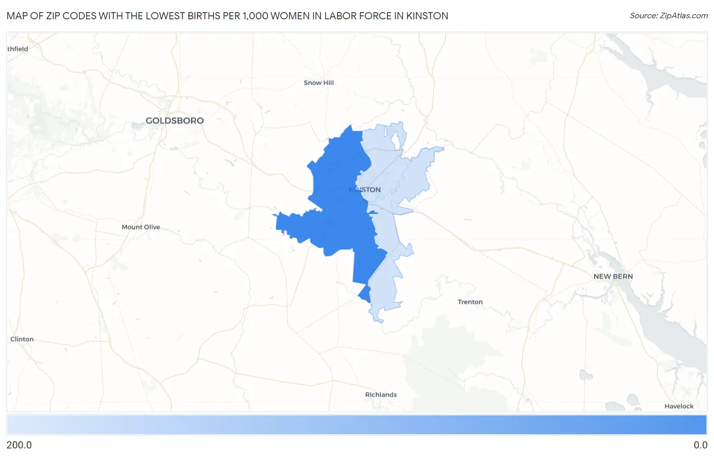 Zip Codes with the Lowest Births per 1,000 Women in Labor Force in Kinston Map