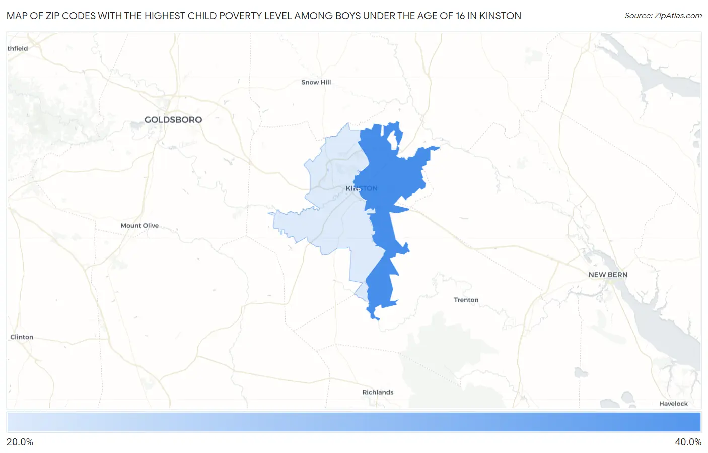 Zip Codes with the Highest Child Poverty Level Among Boys Under the Age of 16 in Kinston Map