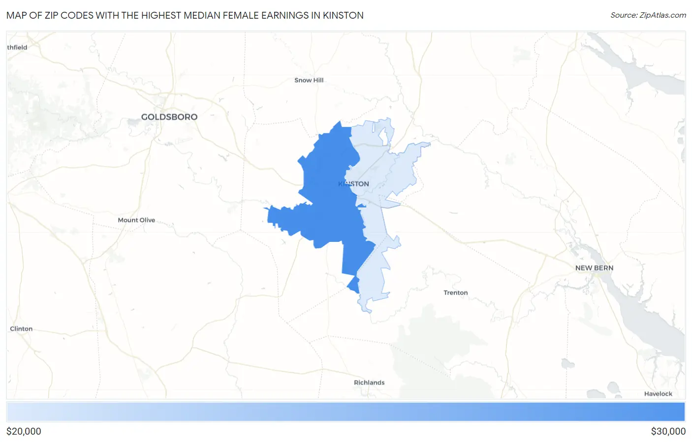 Zip Codes with the Highest Median Female Earnings in Kinston Map