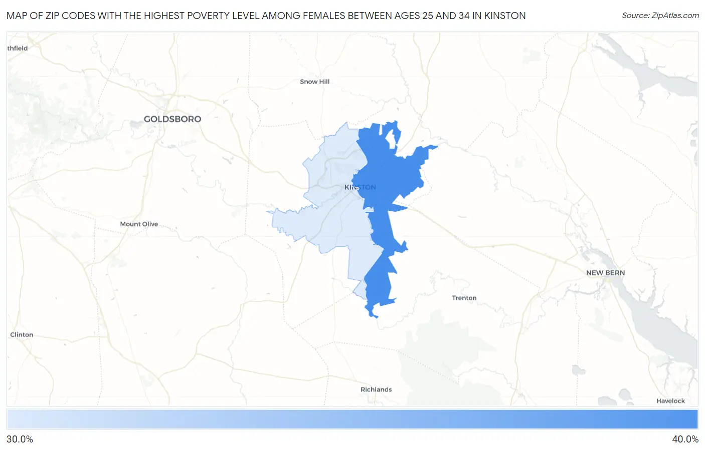 Zip Codes with the Highest Poverty Level Among Females Between Ages 25 and 34 in Kinston Map