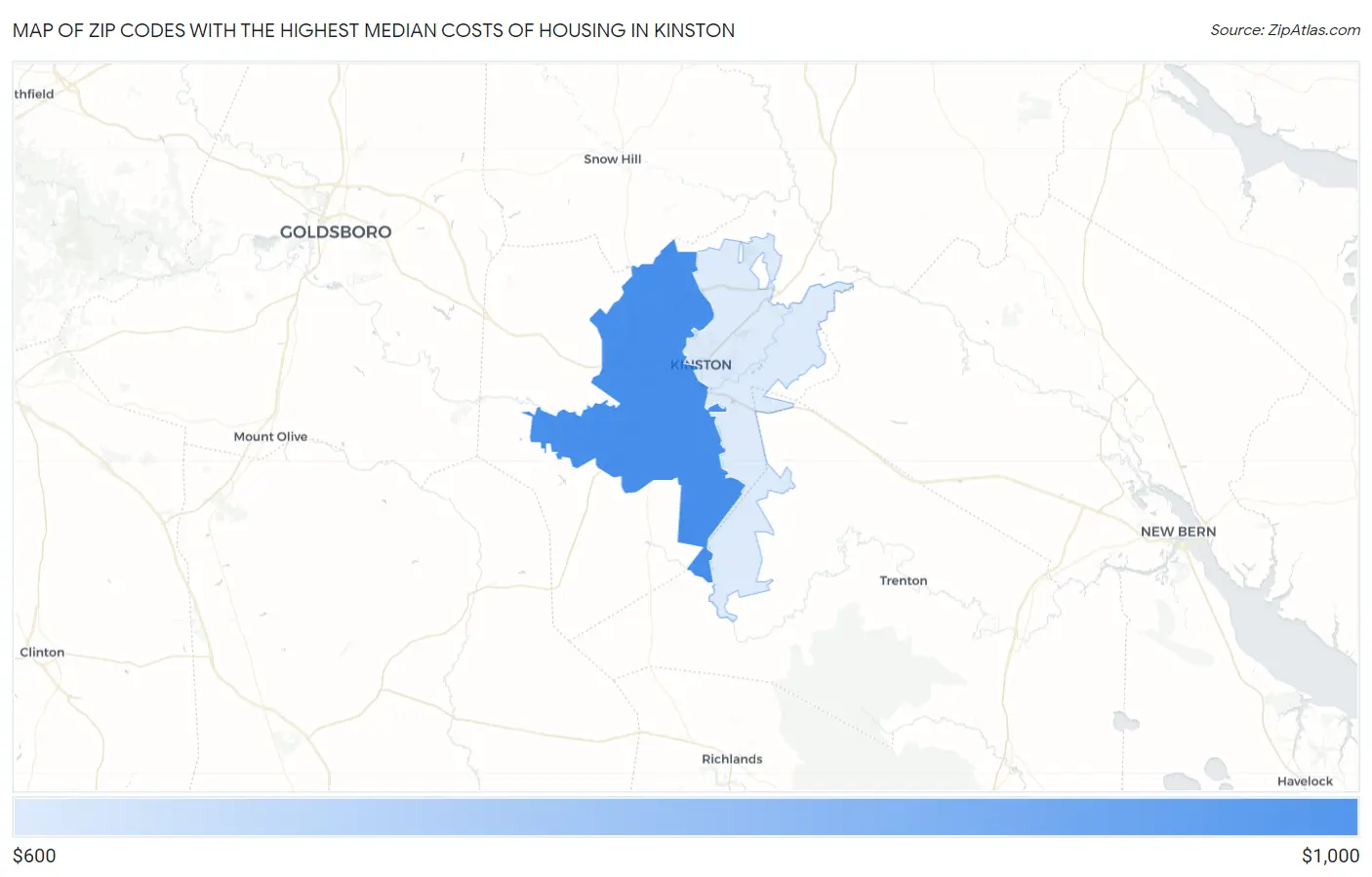 Zip Codes with the Highest Median Costs of Housing in Kinston Map