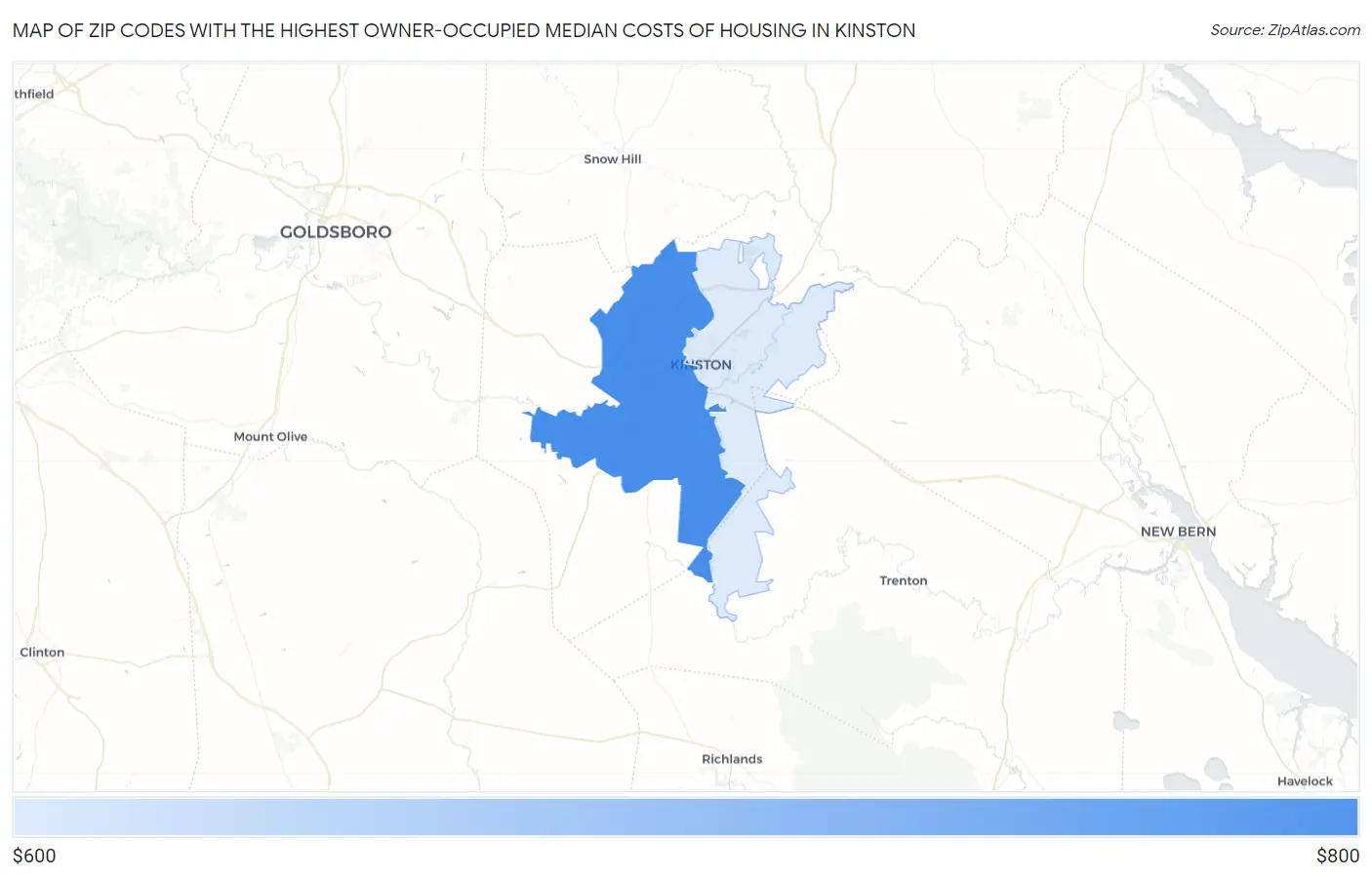 Zip Codes with the Highest Owner-Occupied Median Costs of Housing in Kinston Map