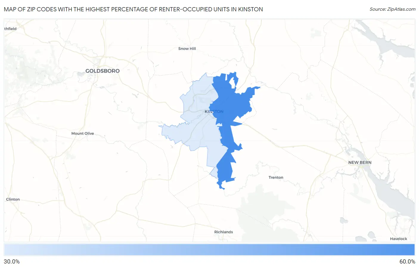 Zip Codes with the Highest Percentage of Renter-Occupied Units in Kinston Map