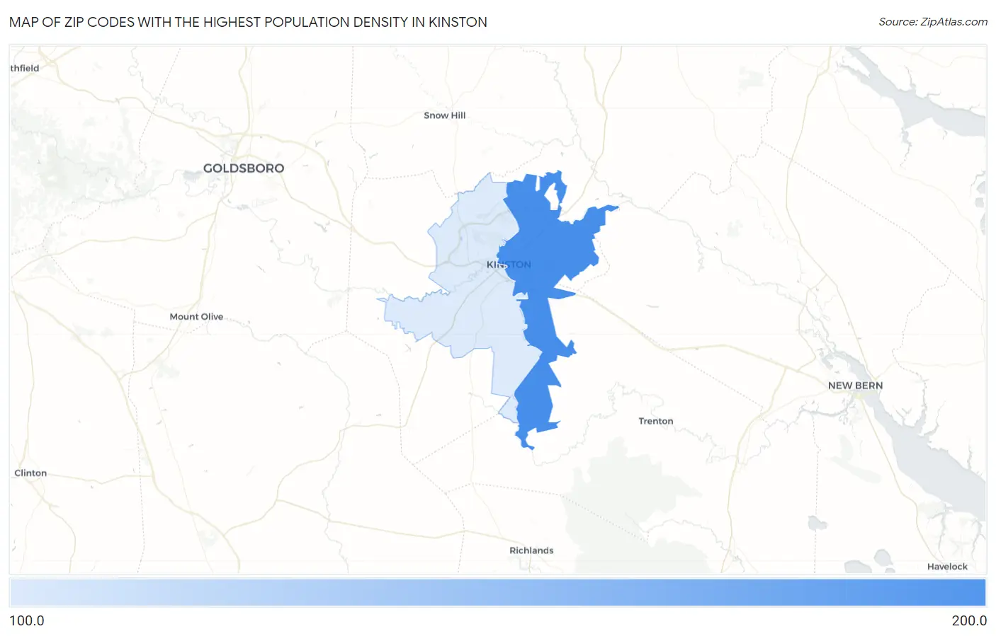 Zip Codes with the Highest Population Density in Kinston Map