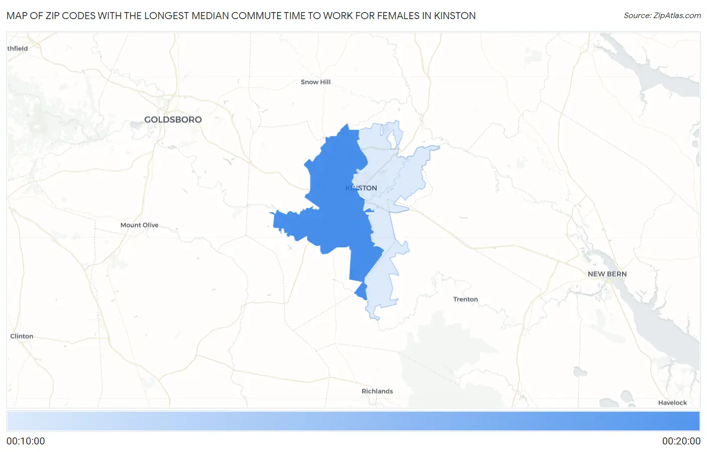Zip Codes with the Longest Median Commute Time to Work for Females in Kinston Map