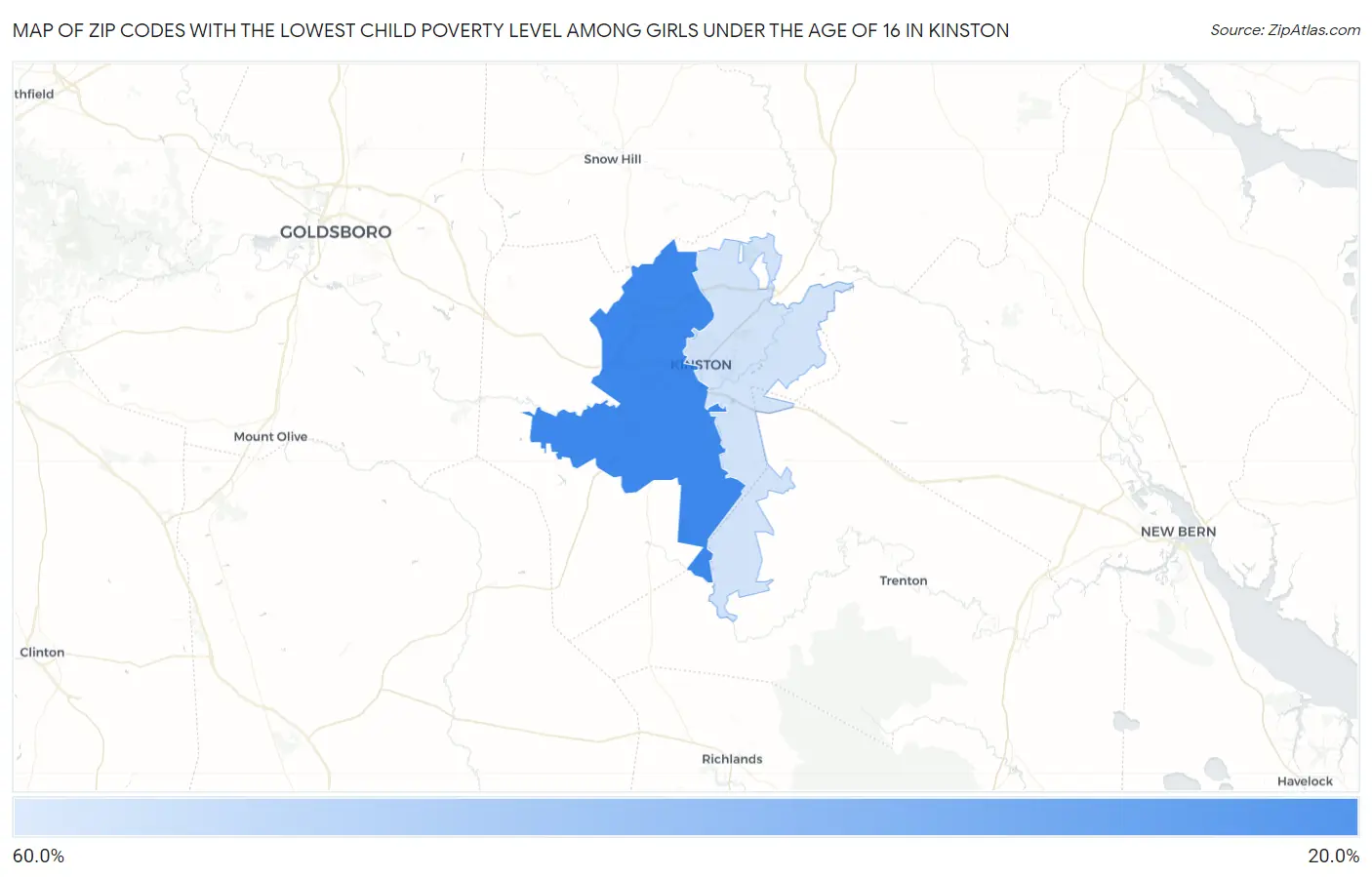 Zip Codes with the Lowest Child Poverty Level Among Girls Under the Age of 16 in Kinston Map