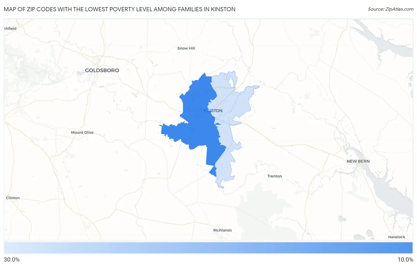 Zip Codes with the Lowest Poverty Level Among Families in Kinston Map