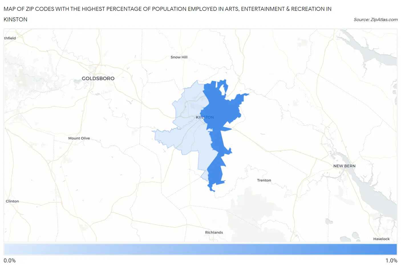 Zip Codes with the Highest Percentage of Population Employed in Arts, Entertainment & Recreation in Kinston Map