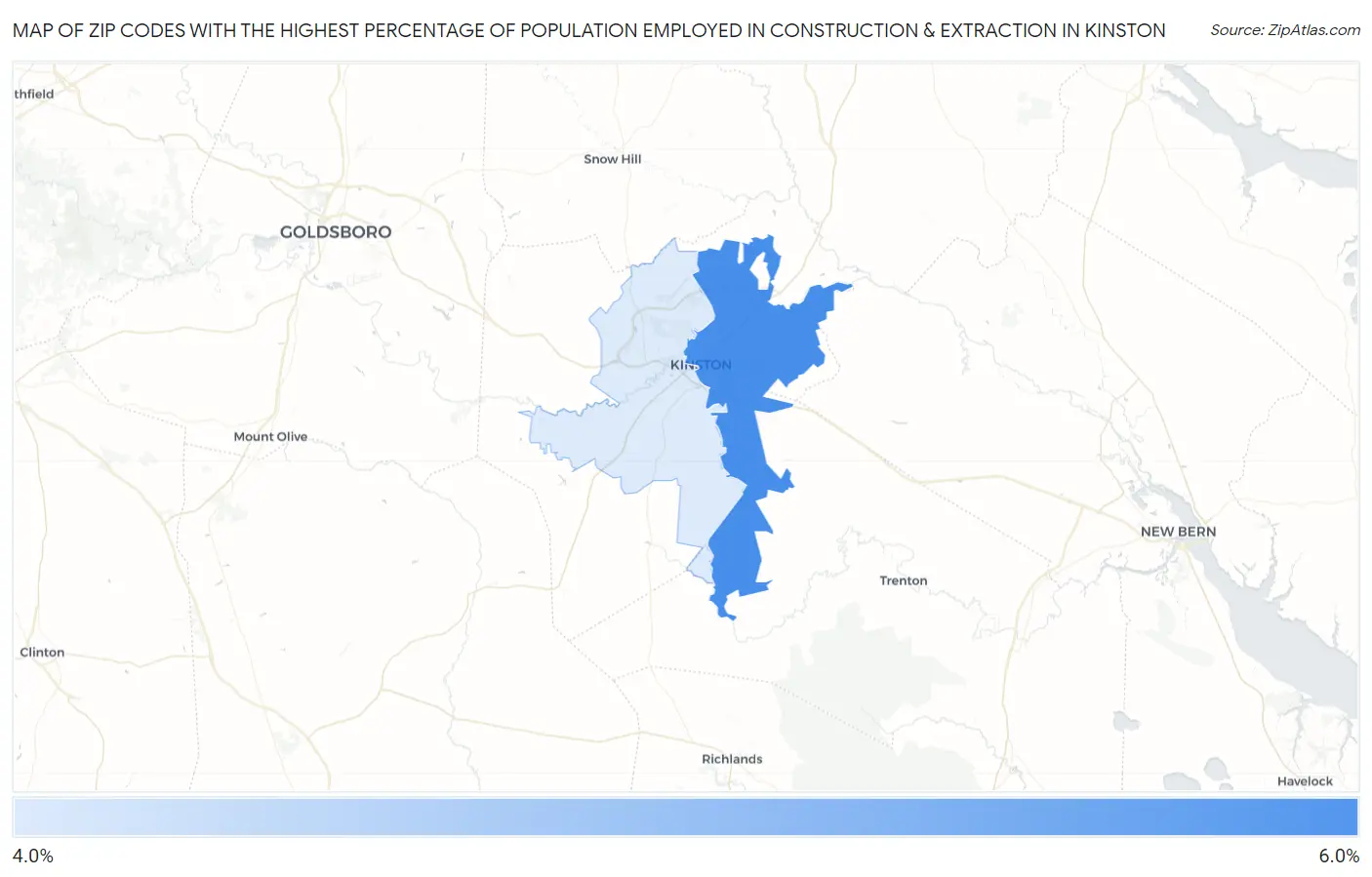 Zip Codes with the Highest Percentage of Population Employed in Construction & Extraction in Kinston Map