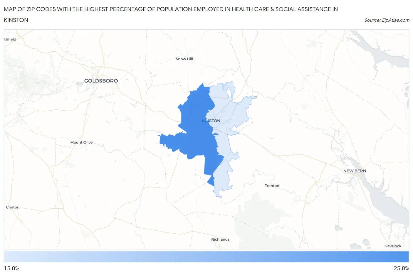 Zip Codes with the Highest Percentage of Population Employed in Health Care & Social Assistance in Kinston Map