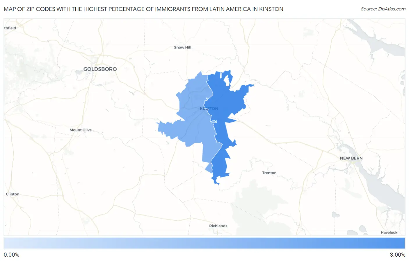 Zip Codes with the Highest Percentage of Immigrants from Latin America in Kinston Map