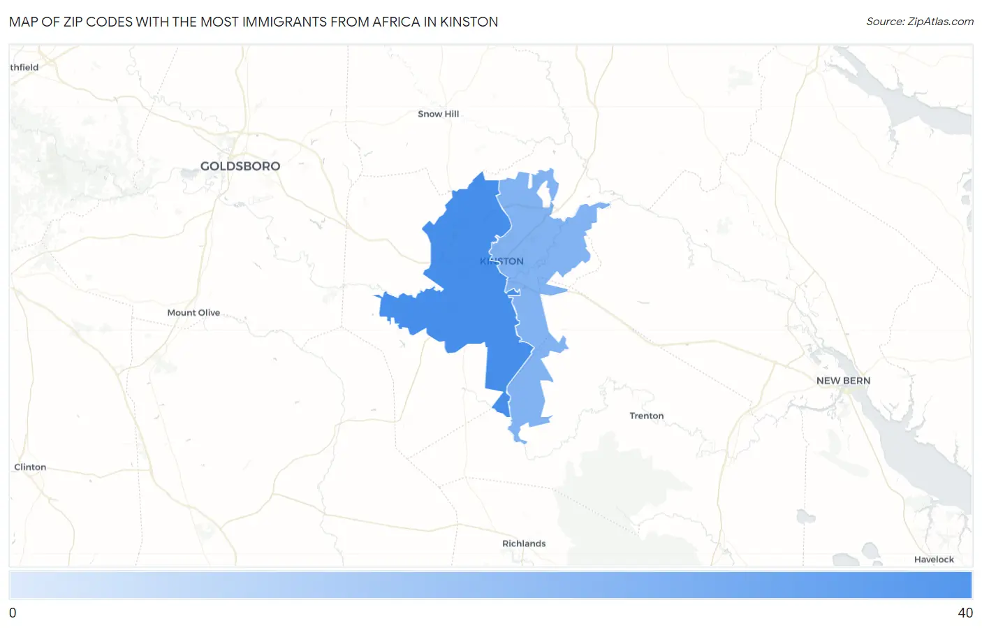 Zip Codes with the Most Immigrants from Africa in Kinston Map