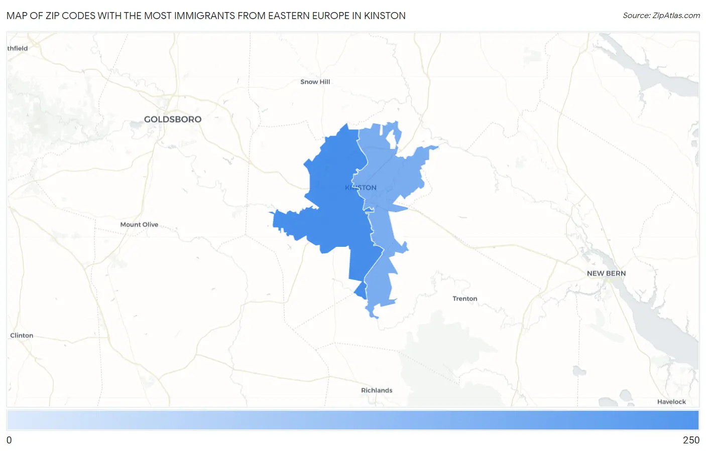 Zip Codes with the Most Immigrants from Eastern Europe in Kinston Map