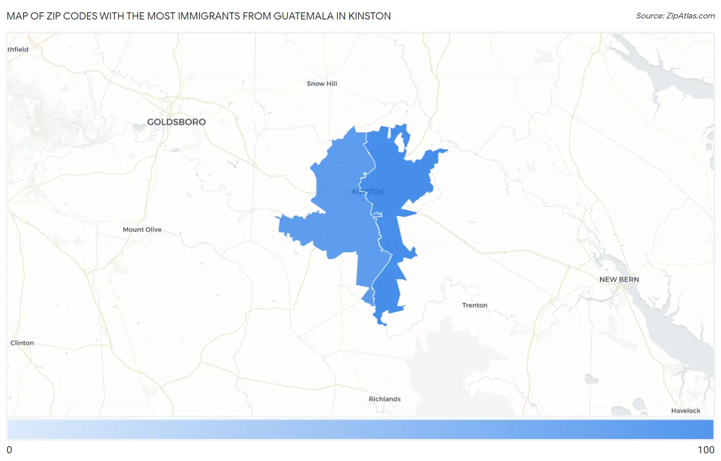 Zip Codes with the Most Immigrants from Guatemala in Kinston Map