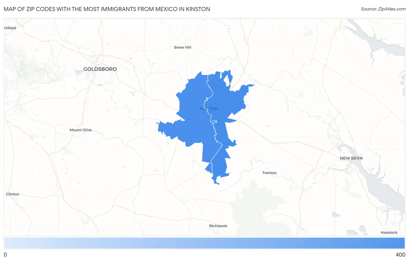 Zip Codes with the Most Immigrants from Mexico in Kinston Map