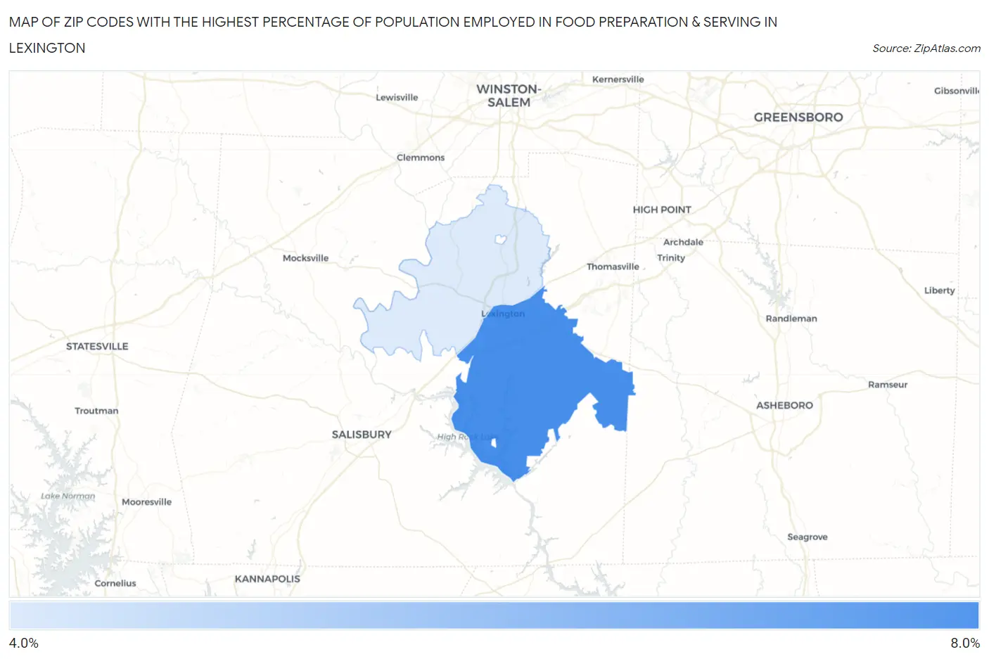 Zip Codes with the Highest Percentage of Population Employed in Food Preparation & Serving in Lexington Map