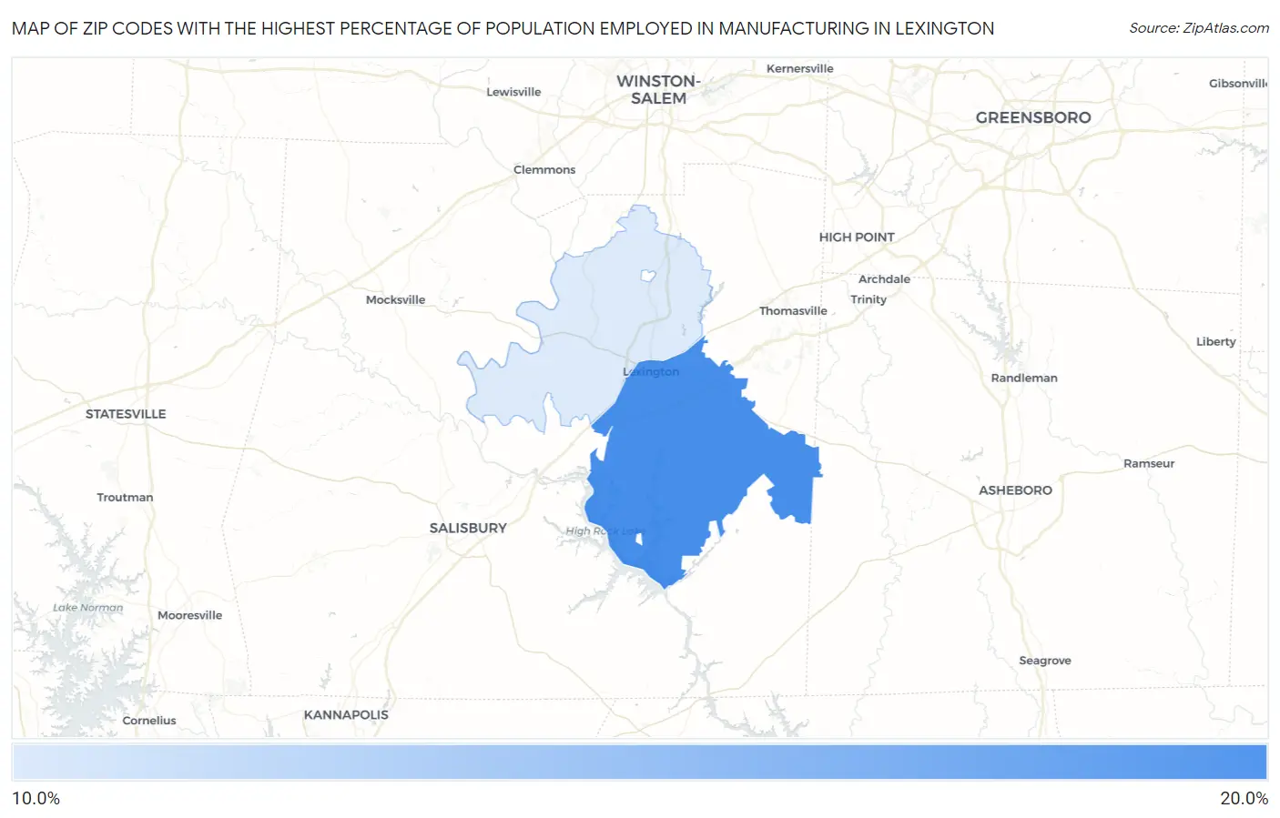 Zip Codes with the Highest Percentage of Population Employed in Manufacturing in Lexington Map