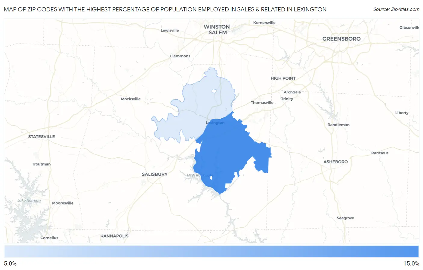 Zip Codes with the Highest Percentage of Population Employed in Sales & Related in Lexington Map