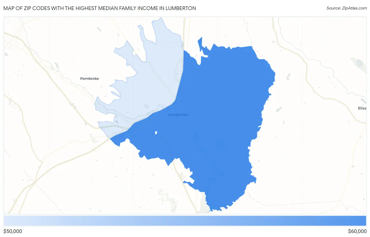 Zip Codes with the Highest Median Family Income in Lumberton Map