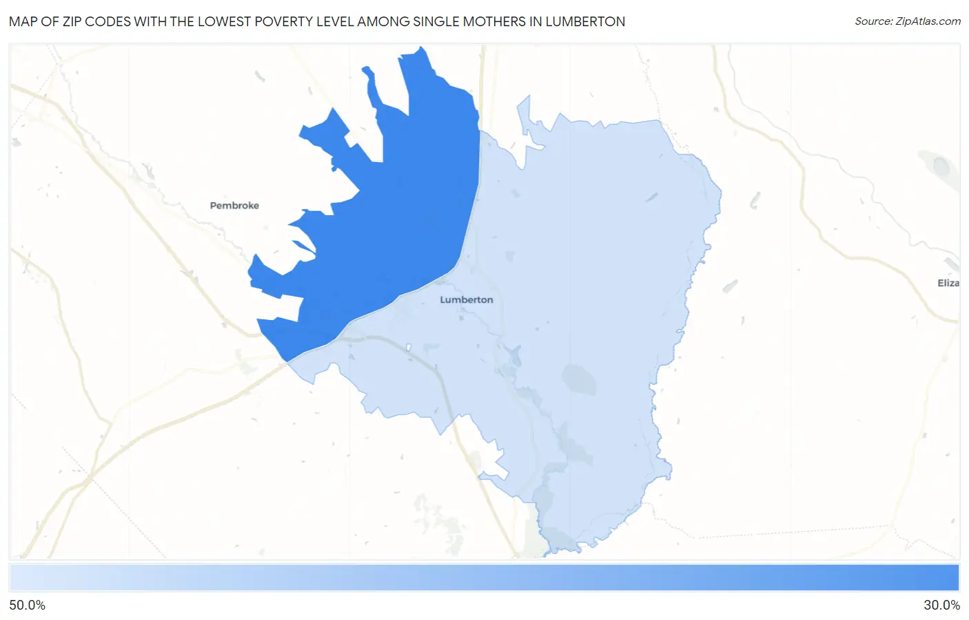 Zip Codes with the Lowest Poverty Level Among Single Mothers in Lumberton Map