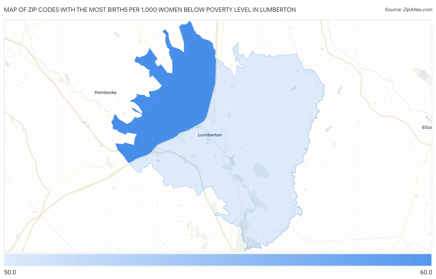 Zip Codes with the Most Births per 1,000 Women Below Poverty Level in Lumberton Map