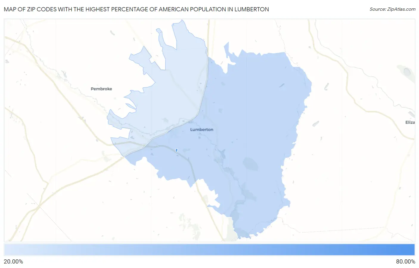 Zip Codes with the Highest Percentage of American Population in Lumberton Map