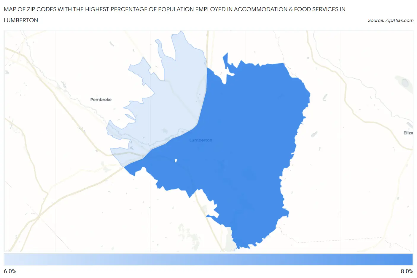 Zip Codes with the Highest Percentage of Population Employed in Accommodation & Food Services in Lumberton Map