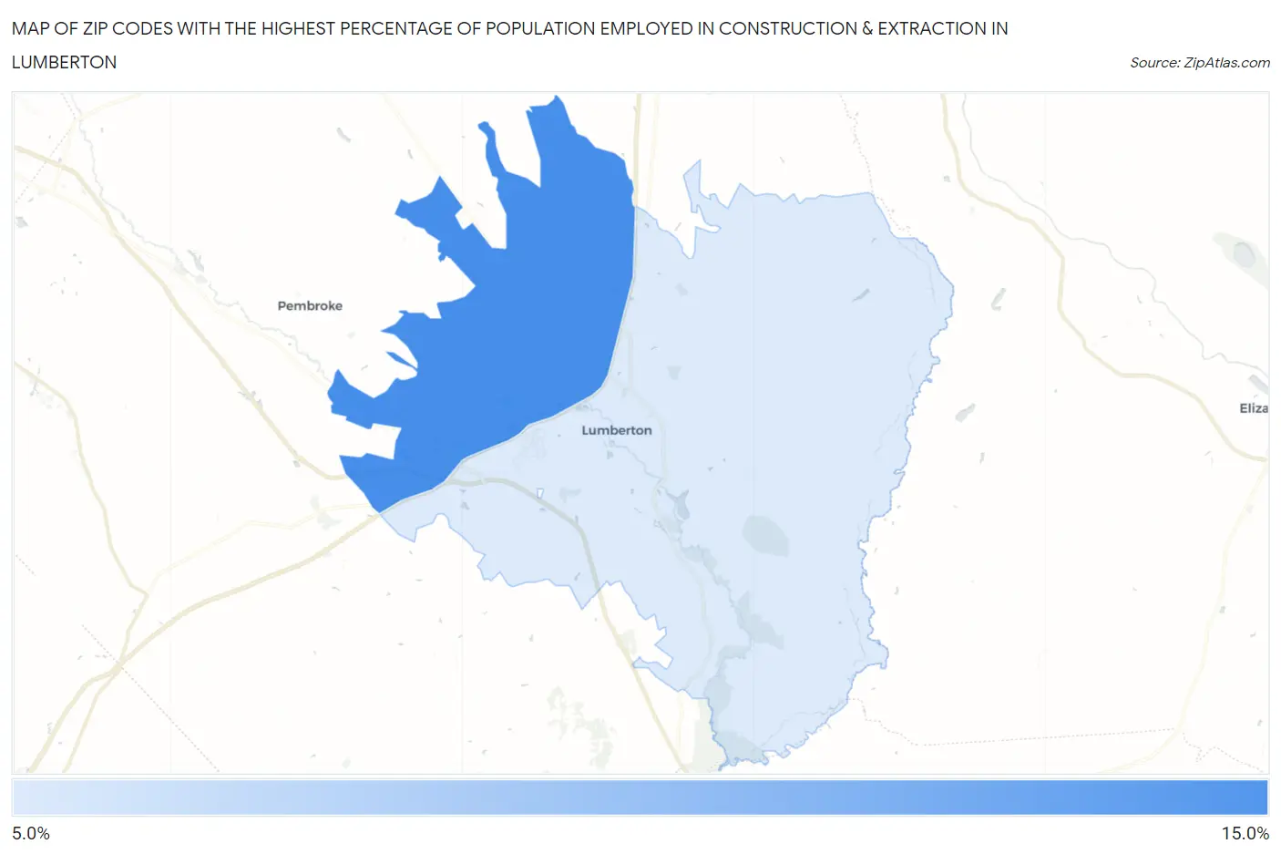 Zip Codes with the Highest Percentage of Population Employed in Construction & Extraction in Lumberton Map