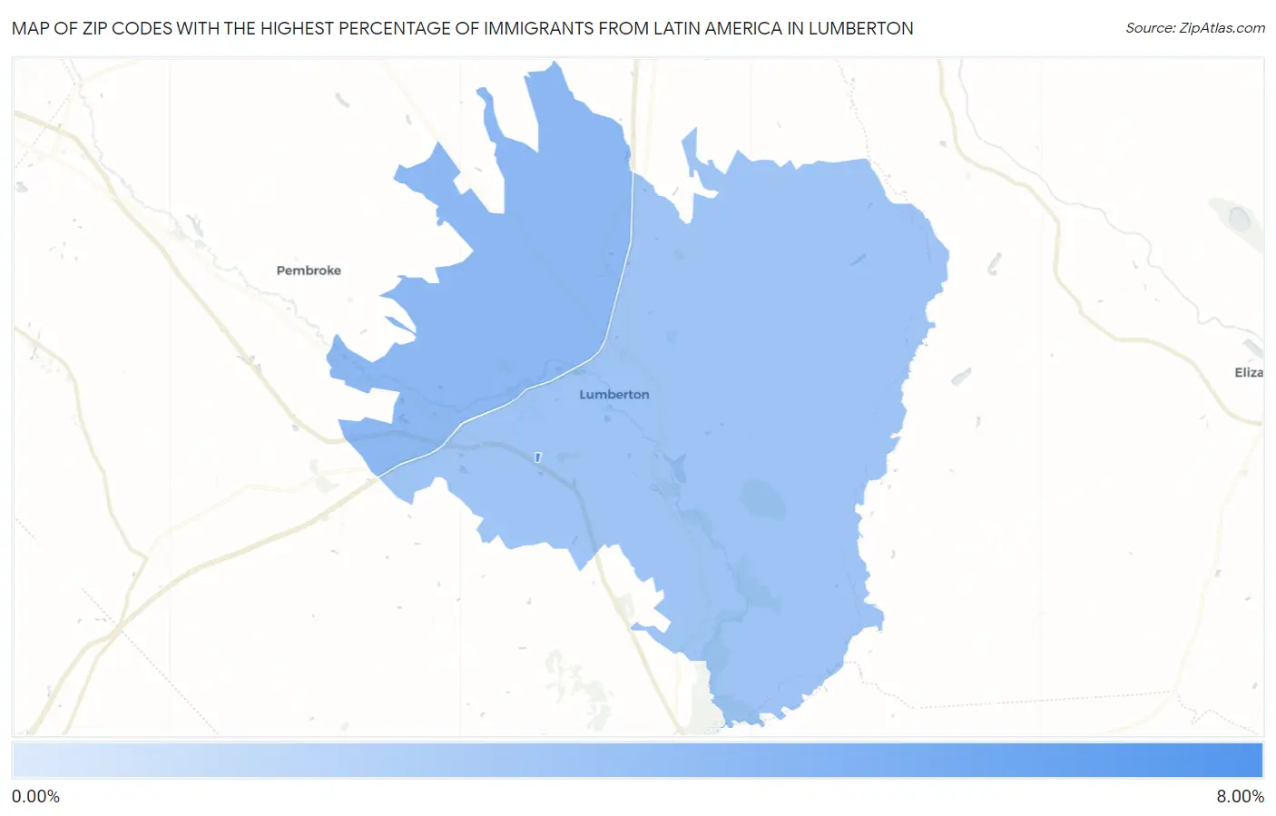 Zip Codes with the Highest Percentage of Immigrants from Latin America in Lumberton Map