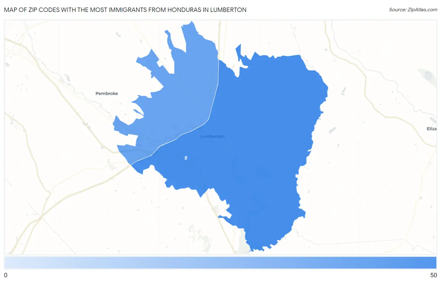 Zip Codes with the Most Immigrants from Honduras in Lumberton Map