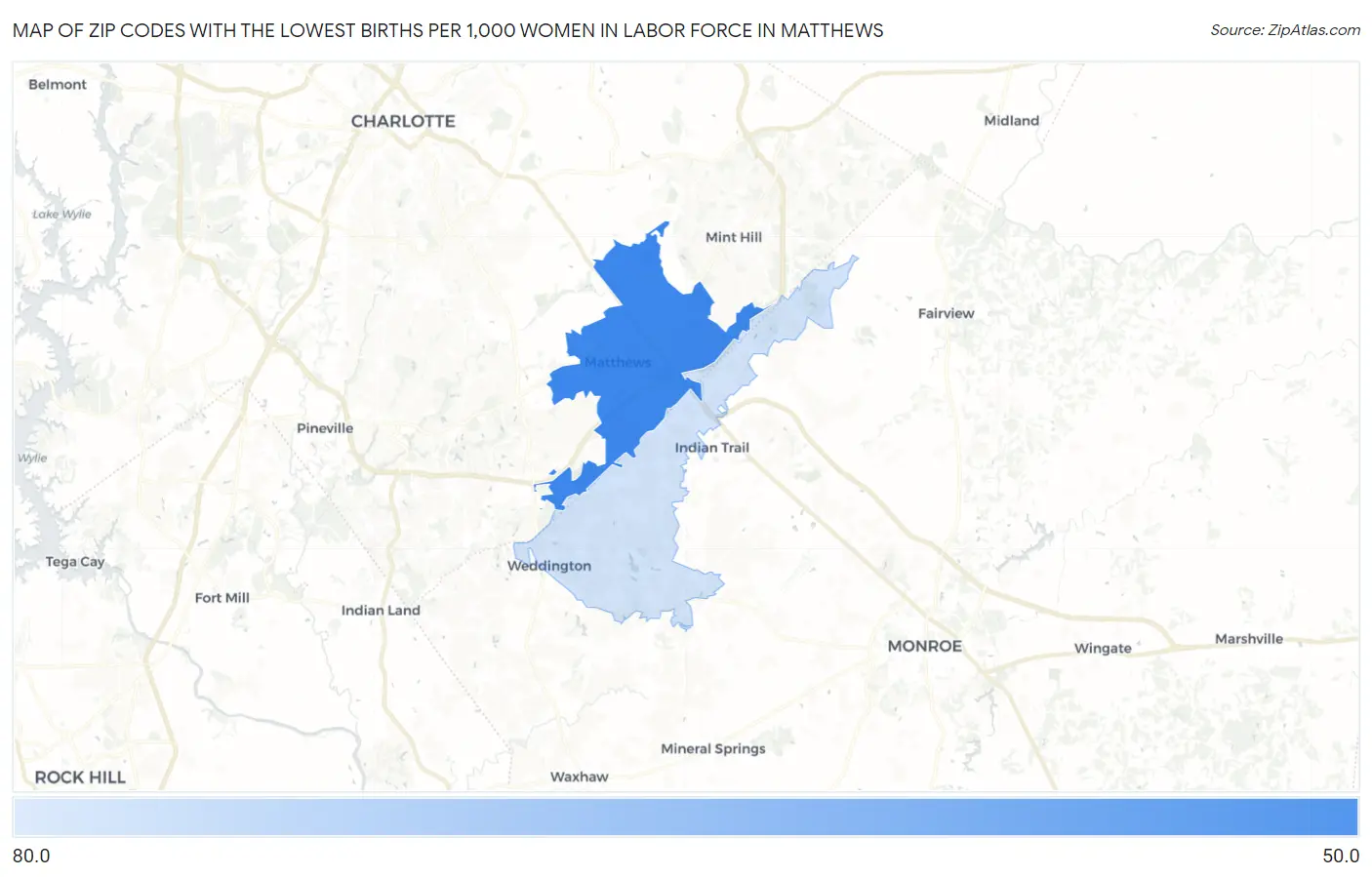 Zip Codes with the Lowest Births per 1,000 Women in Labor Force in Matthews Map