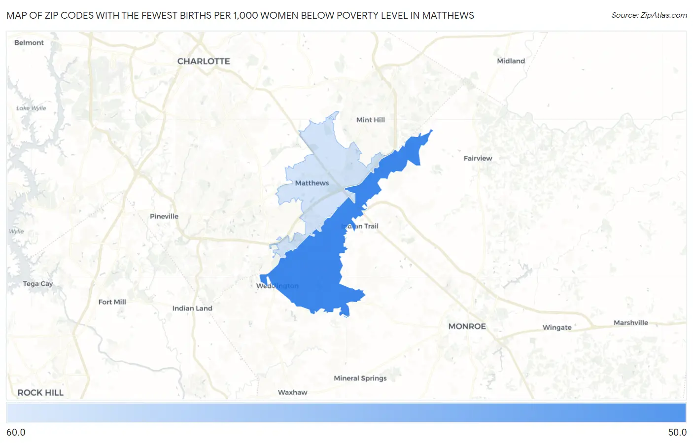 Zip Codes with the Fewest Births per 1,000 Women Below Poverty Level in Matthews Map