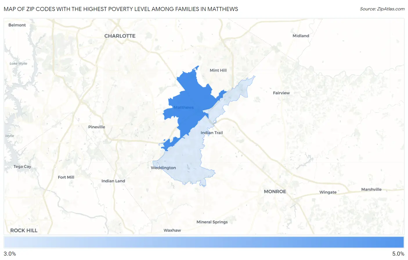 Zip Codes with the Highest Poverty Level Among Families in Matthews Map