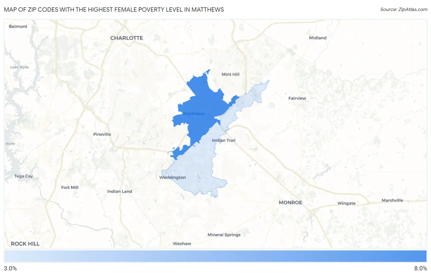 Zip Codes with the Highest Female Poverty Level in Matthews Map