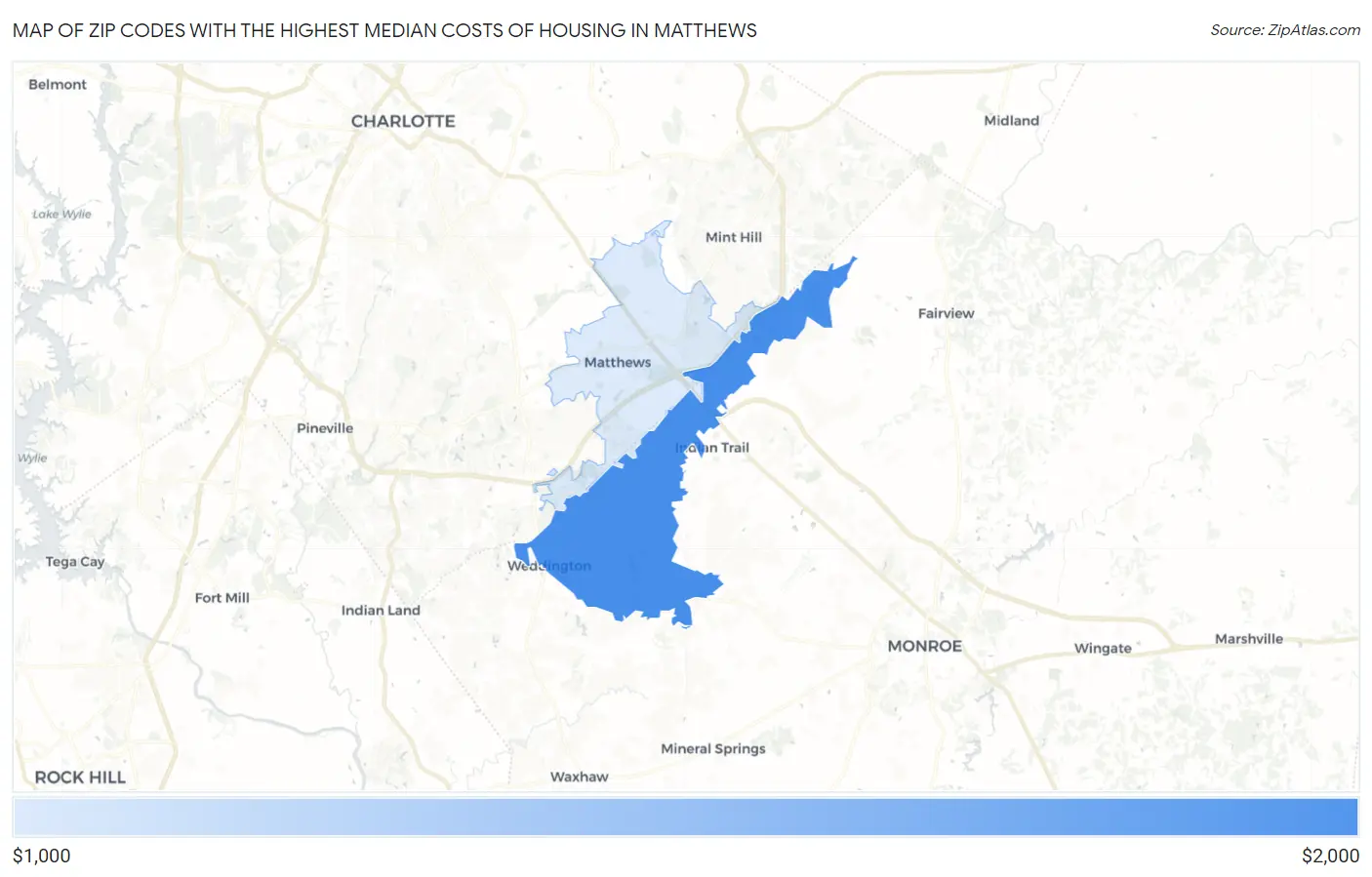 Zip Codes with the Highest Median Costs of Housing in Matthews Map