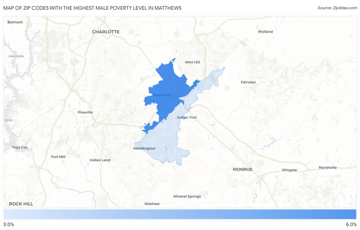 Zip Codes with the Highest Male Poverty Level in Matthews Map