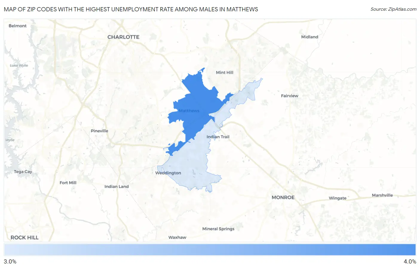 Zip Codes with the Highest Unemployment Rate Among Males in Matthews Map