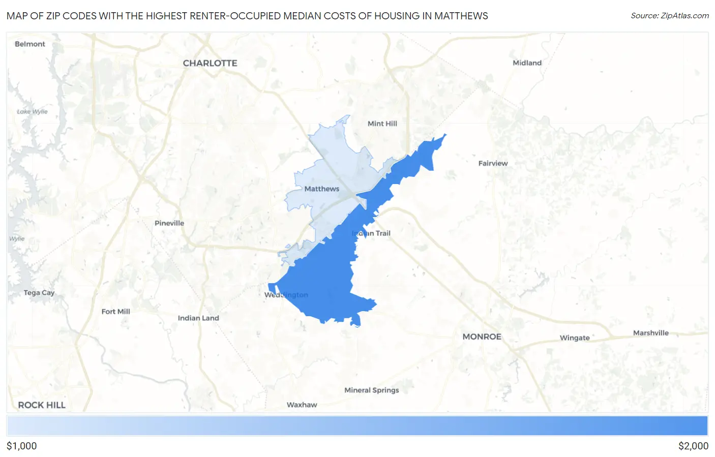 Zip Codes with the Highest Renter-Occupied Median Costs of Housing in Matthews Map