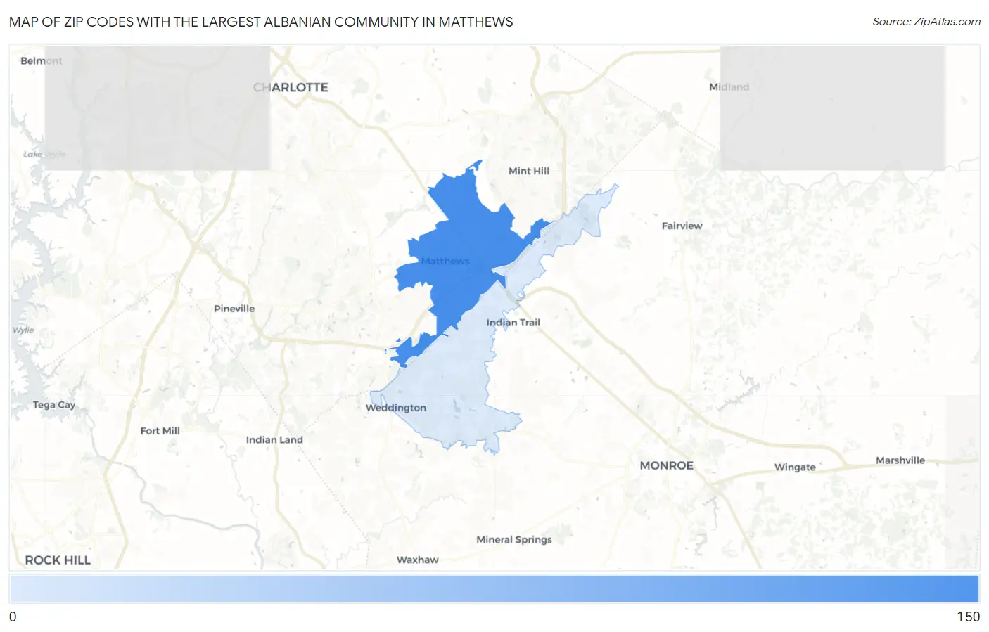 Zip Codes with the Largest Albanian Community in Matthews Map