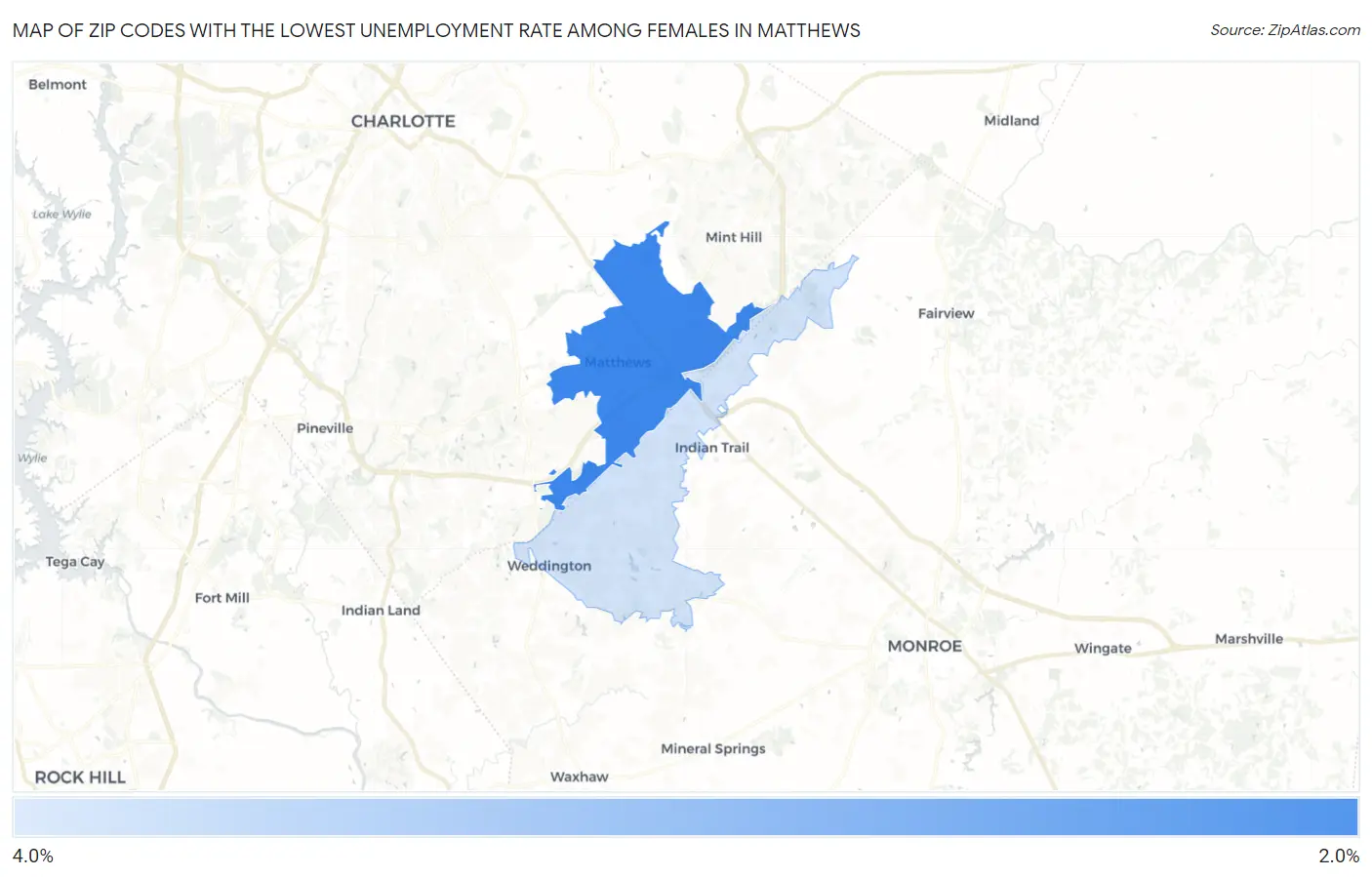 Zip Codes with the Lowest Unemployment Rate Among Females in Matthews Map