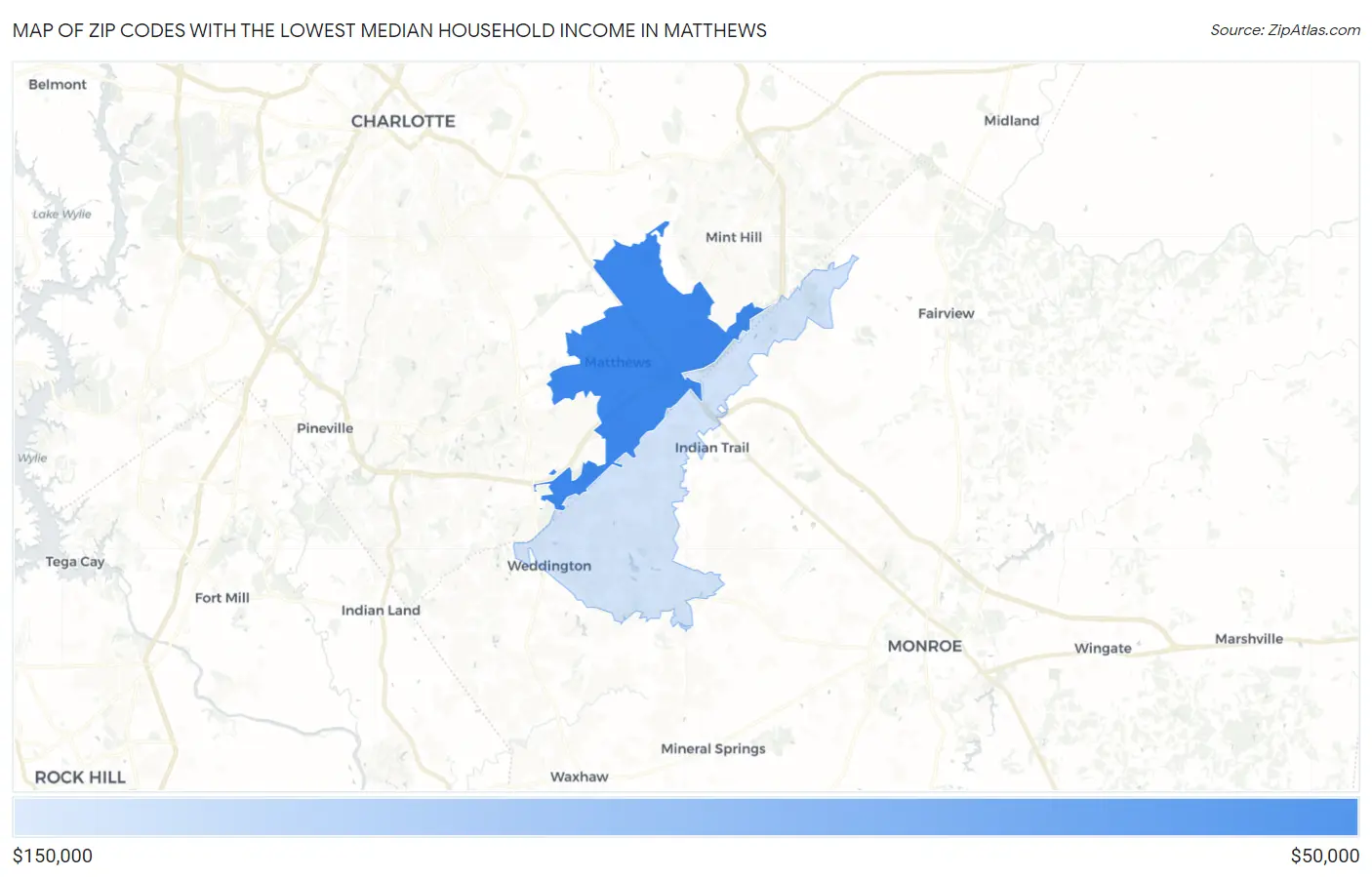 Zip Codes with the Lowest Median Household Income in Matthews Map