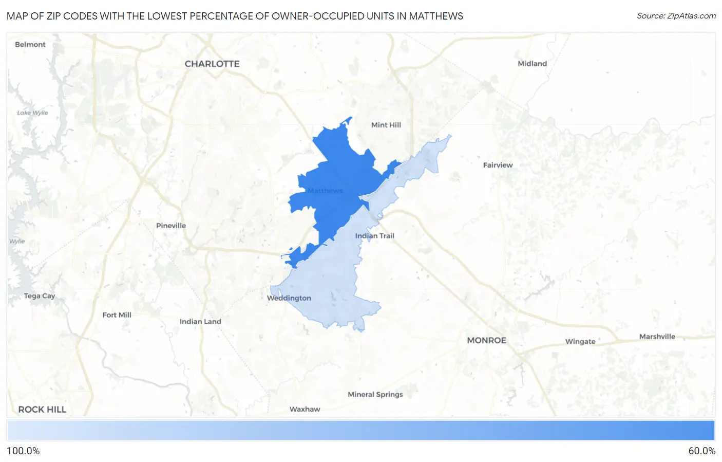 Zip Codes with the Lowest Percentage of Owner-Occupied Units in Matthews Map