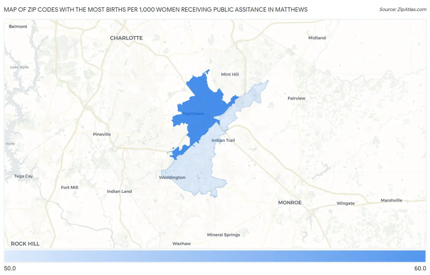 Zip Codes with the Most Births per 1,000 Women Receiving Public Assitance in Matthews Map